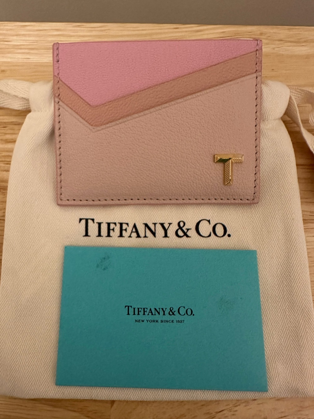 Tiffany & Co. Pink Multi-Tone Leather Card Holder with Gold 'T' Accent